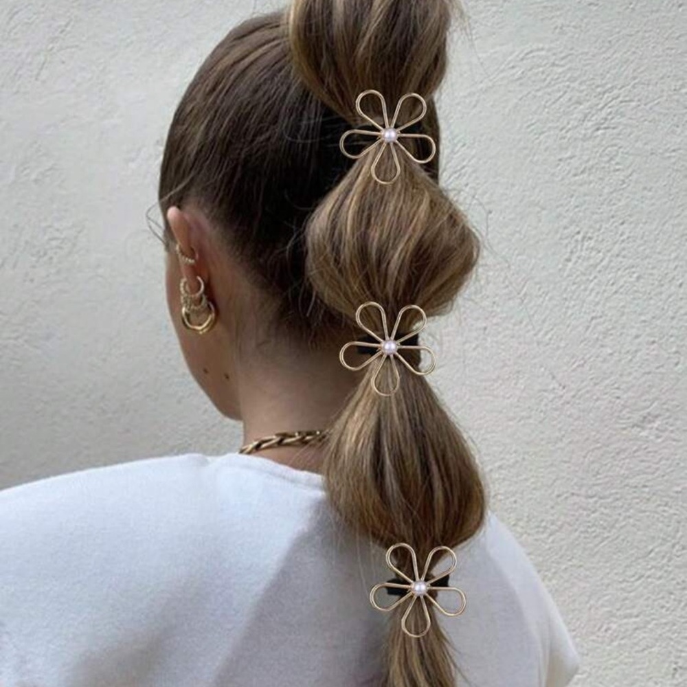 3pcs Women Metallic Five Petal Flower & Faux Pearl Hair Scrunchies, Fashion l